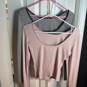 Striped Long Sleeve Tops - Black and Pink